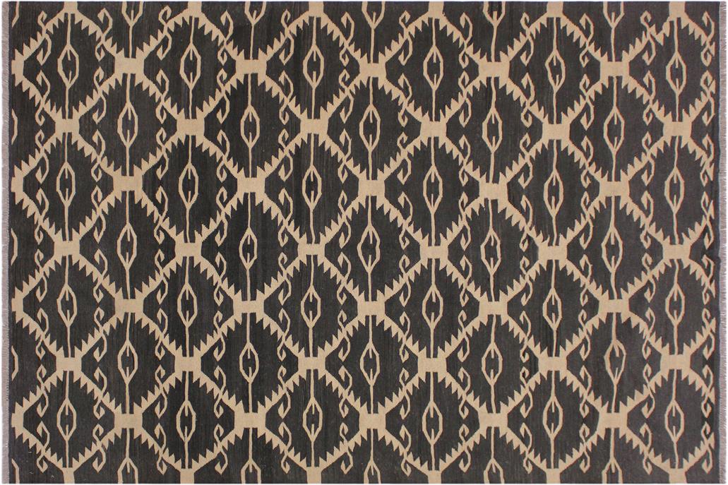 Flat Weave Kilim, Antique, Navaho, Vintage, Handmade, Modern Kilim Black Ivory Hand-Woven Rectangle 100% Wool Area Rug 6 x 8