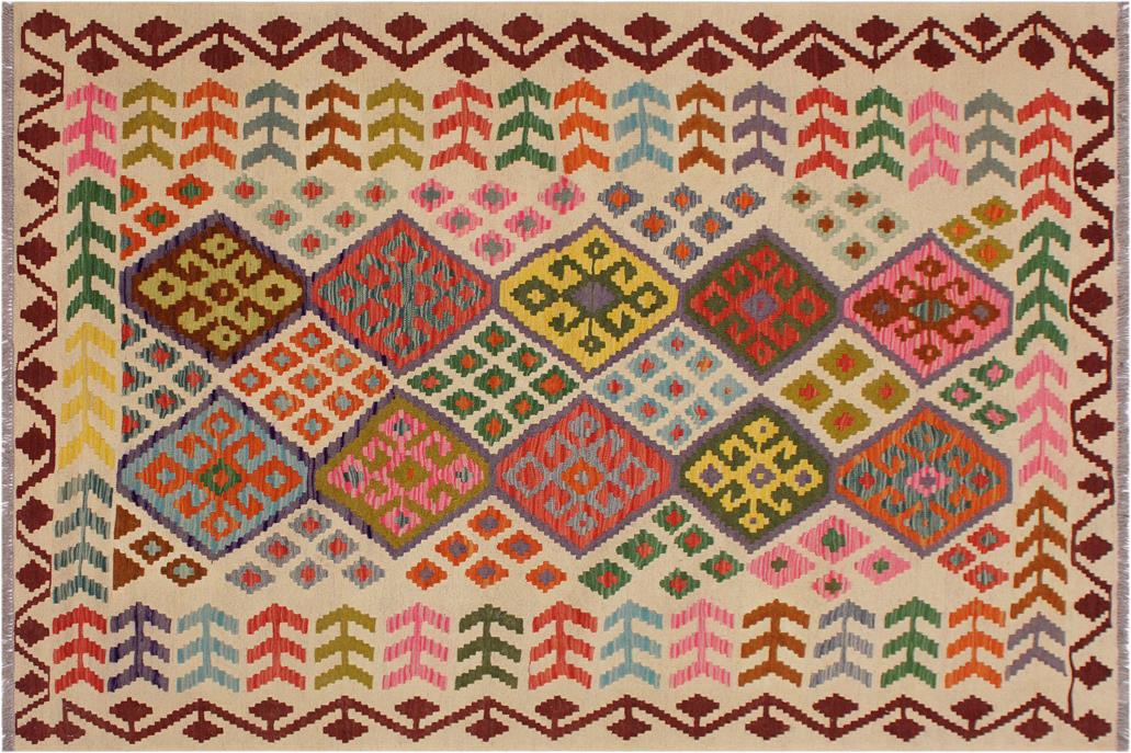 Flat Weave Kilim, Antique, Navaho, Vintage, Handmade, Geometric Kilim Ivory Red Hand-Woven Rectangle 100% Wool Area Rug 6 x 8