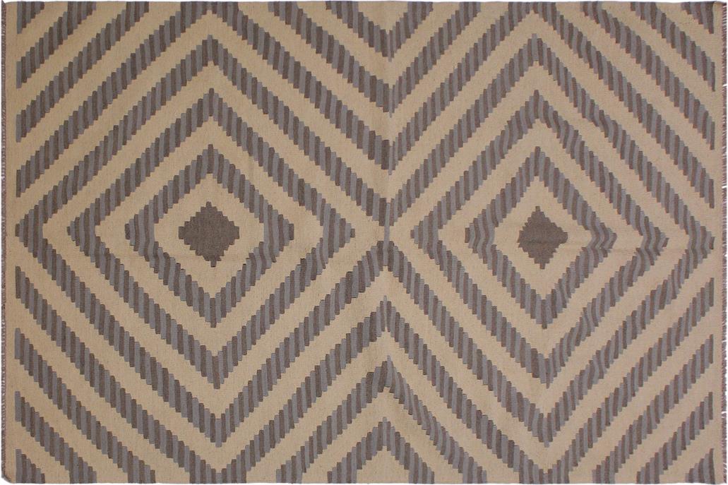 Flat Weave Kilim, Antique, Navaho, Vintage, Handmade, Modern Kilim Ivory Grey Hand-Woven Rectangle 100% Wool Area Rug 5 x 7