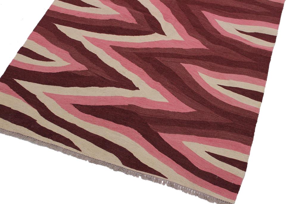 Flat Weave Kilim, Antique, Navaho, Vintage, Handmade, Modern Kilim Red Pink Hand-Woven Rectangle 100% Wool Area Rug 4 x 6