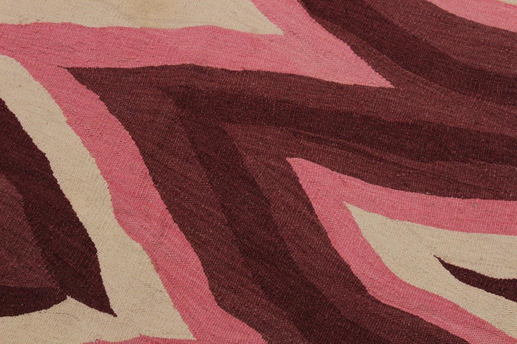 Flat Weave Kilim, Antique, Navaho, Vintage, Handmade, Modern Kilim Red Pink Hand-Woven Rectangle 100% Wool Area Rug 4 x 6