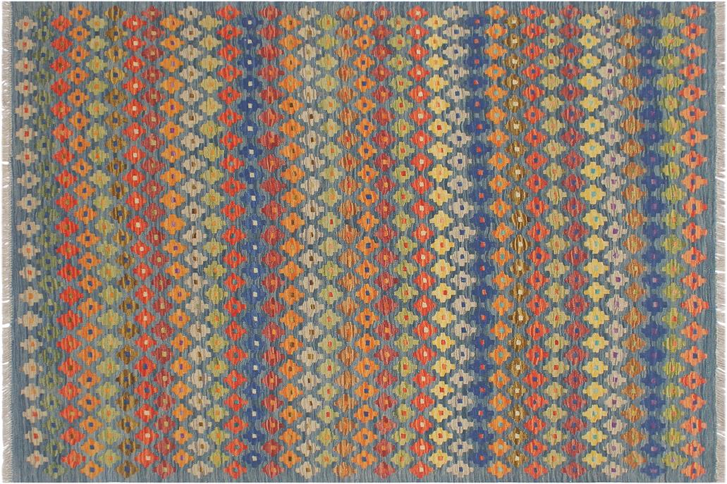 Flat Weave Kilim, Antique, Navaho, Vintage, Handmade, Modern Kilim Blue Rust Hand-Woven Rectangle 100% Wool Area Rug 5 x 7