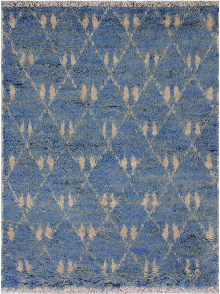 handmade Modern Moroccan Lt. Blue Ivory Hand Knotted RECTANGLE 100% WOOL area rug 4x6