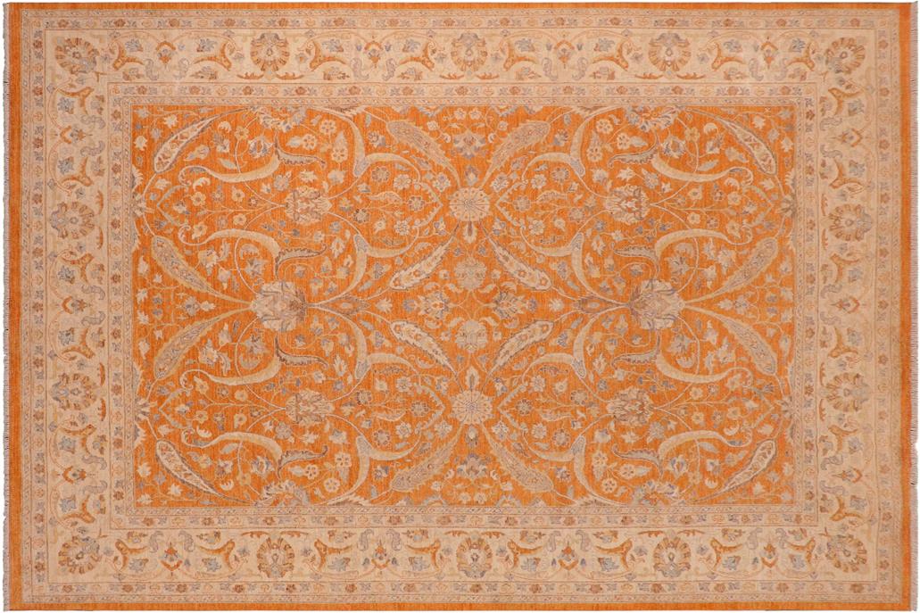 handmade Transitional Kafkaz Orange Ivory Hand Knotted RECTANGLE 100% WOOL area rug 10 x 14