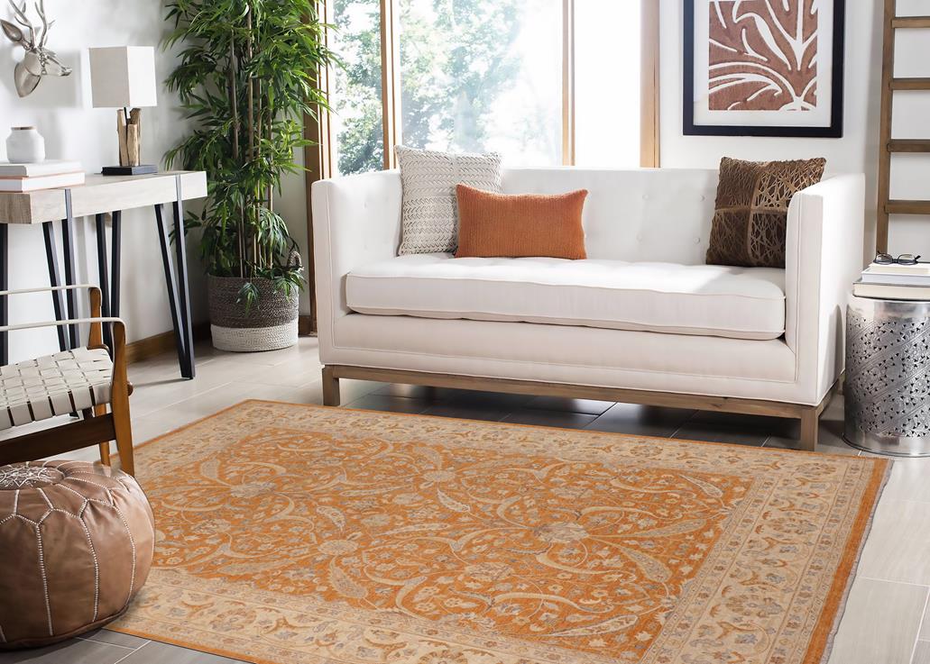 handmade Transitional Kafkaz Orange Ivory Hand Knotted RECTANGLE 100% WOOL area rug 10 x 14