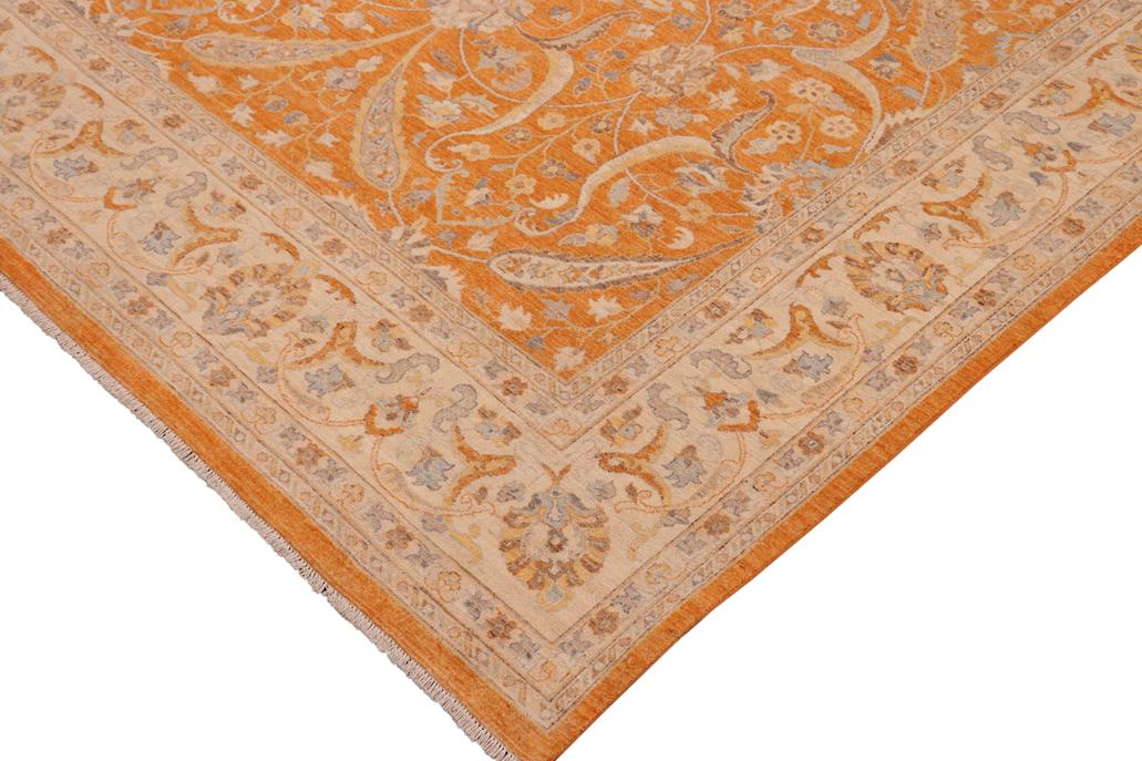 handmade Transitional Kafkaz Orange Ivory Hand Knotted RECTANGLE 100% WOOL area rug 10 x 14