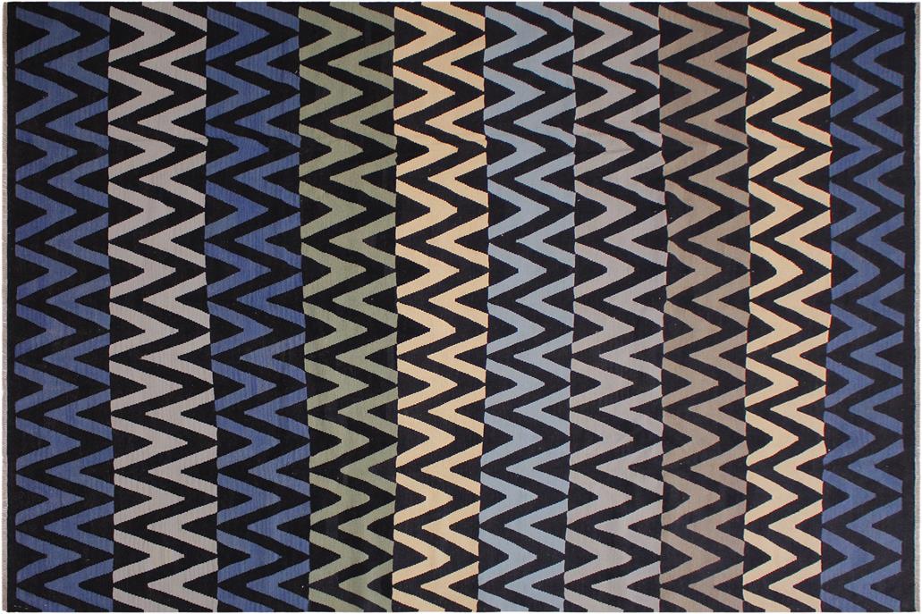 Flat Weave Kilim, Antique, Navaho, Vintage, Handmade, Modern Kilim Black Blue Hand-Woven Rectangle 100% Wool Area Rug 9 x 12