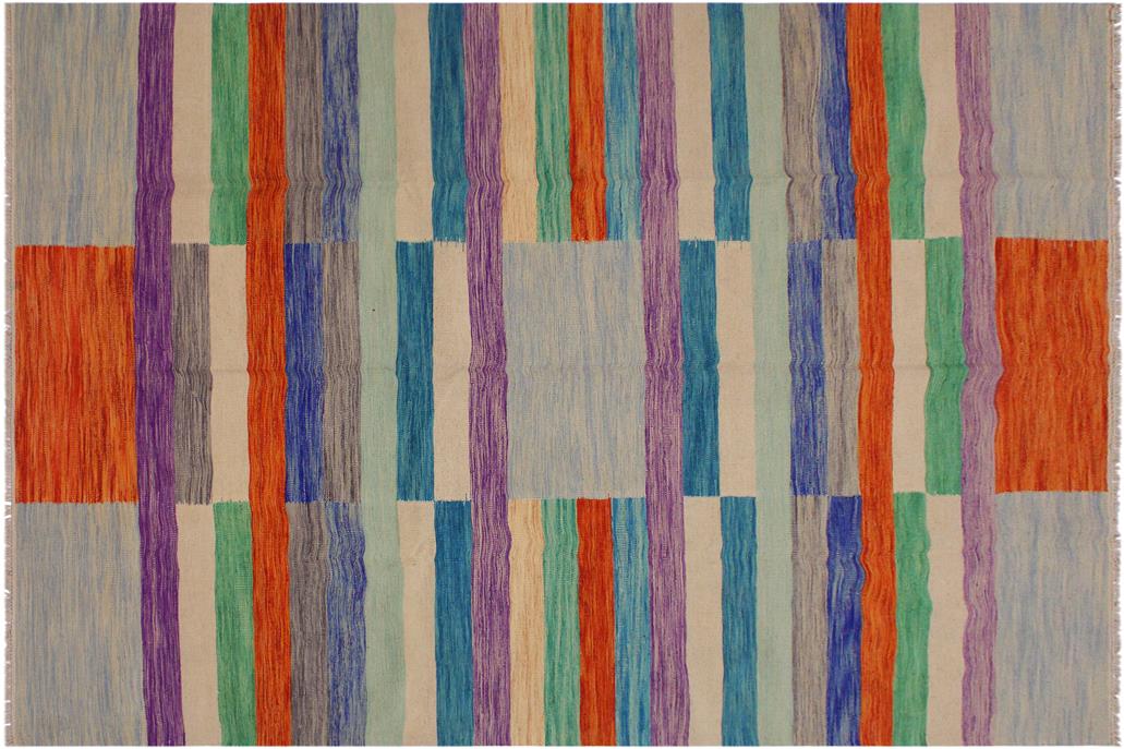 Flat Weave Kilim, Antique, Navaho, Vintage, Handmade, Modern Kilim Grey Purple Hand-Woven Rectangle 100% Wool Area Rug 7 x 10