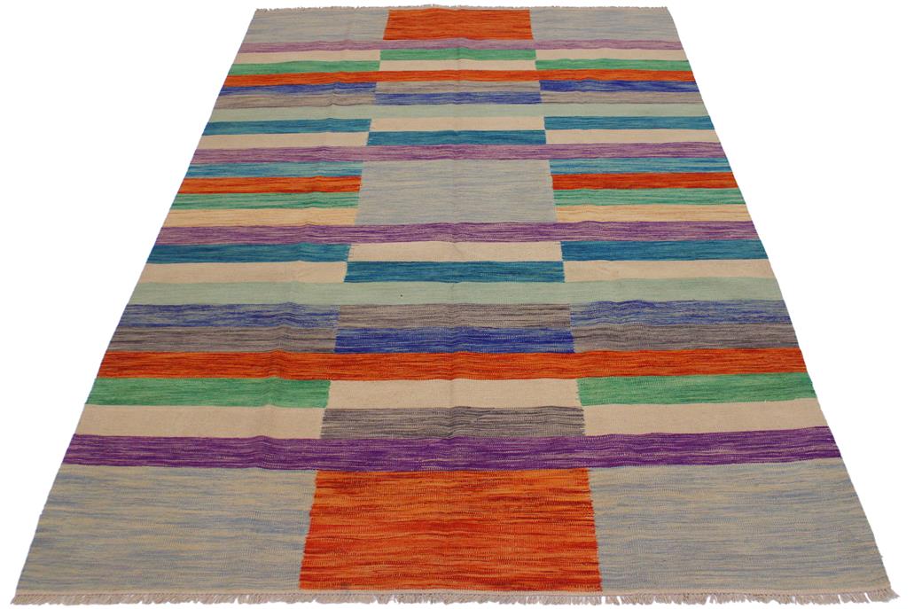 Flat Weave Kilim, Antique, Navaho, Vintage, Handmade, Modern Kilim Grey Purple Hand-Woven Rectangle 100% Wool Area Rug 7 x 10