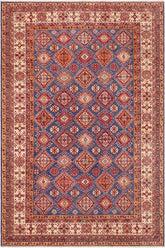 handmade Geometric Super Kazak Blue Beige Hand Knotted RECTANGLE 100% WOOL area rug 9X13