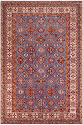 handmade Geometric Super Kazak Blue Beige Hand Knotted RECTANGLE 100% WOOL area rug 9X12