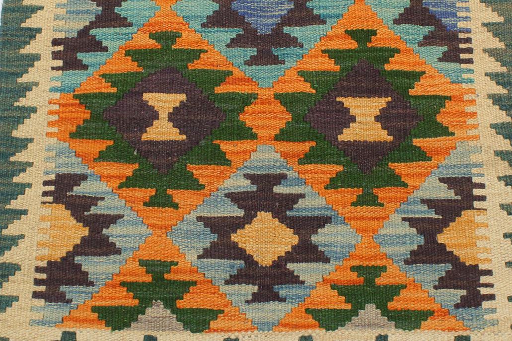 Flat Weave Kilim, Antique, Navaho, Vintage, Handmade, Geometric Kilim Rust Blue Hand-Woven Rectangle 100% Wool Area Rug 2 x 3