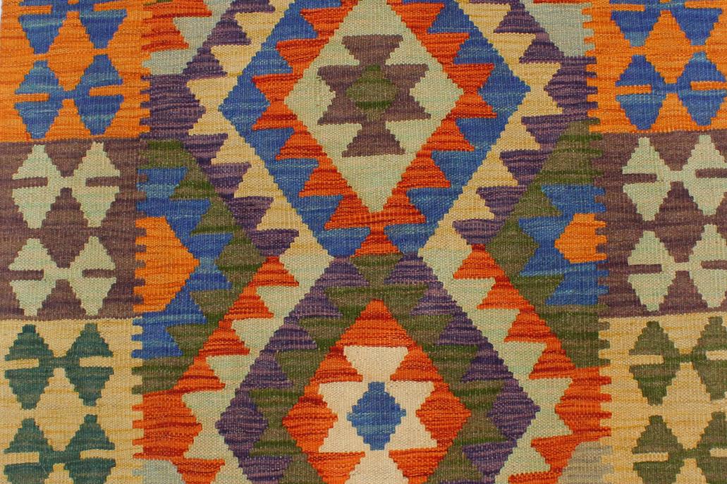 Flat Weave Kilim, Antique, Navaho, Vintage, Handmade, Geometric Kilim Rust Blue Hand-Woven Rectangle 100% Wool Area Rug 3 x 4