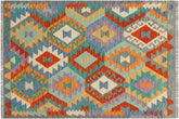handmade Geometric Kilim Blue Gray Hand-Woven RECTANGLE 100% WOOL area rug 3 x 4