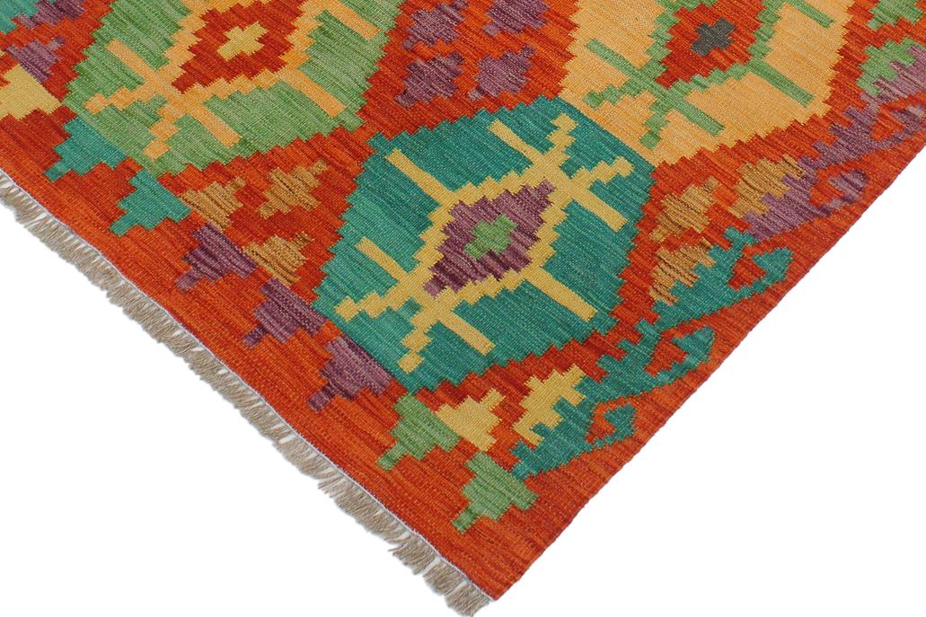 Flat Weave Kilim, Antique, Navaho, Vintage, Handmade, Geometric Kilim Rust Gold Hand-Woven Rectangle 100% Wool Area Rug 3 x 4