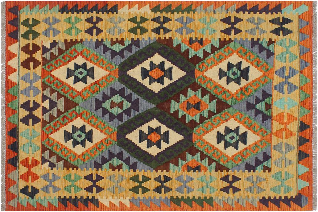 Flat Weave Kilim, Antique, Navaho, Vintage, Handmade, Geometric Kilim Rust Gold Hand-Woven Rectangle 100% Wool Area Rug 3 x 5