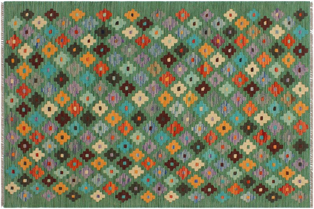 Flat Weave Kilim, Antique, Navaho, Vintage, Handmade, Modern Kilim Green Blue Hand-Woven Rectangle 100% Wool Area Rug 3 x 4