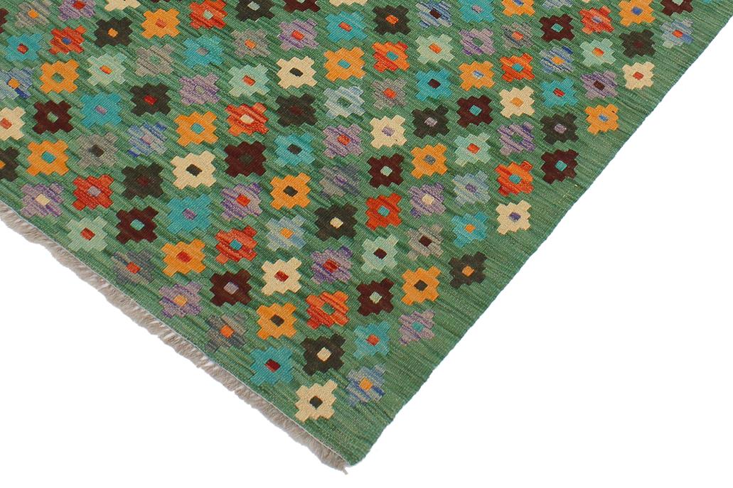 Flat Weave Kilim, Antique, Navaho, Vintage, Handmade, Modern Kilim Green Blue Hand-Woven Rectangle 100% Wool Area Rug 3 x 4