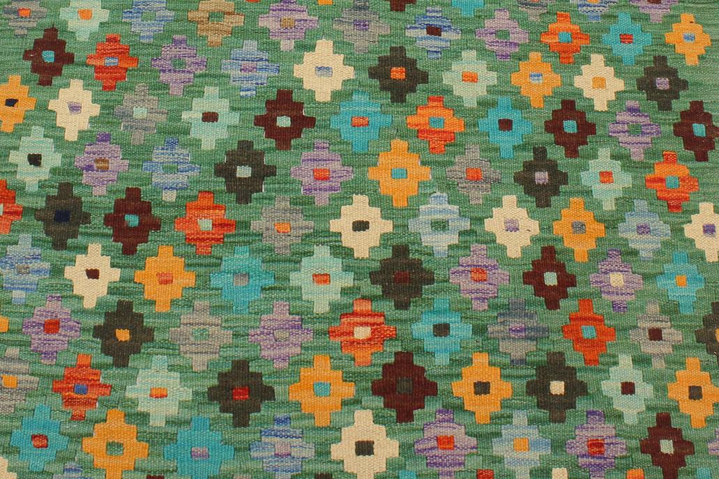 Flat Weave Kilim, Antique, Navaho, Vintage, Handmade, Modern Kilim Green Blue Hand-Woven Rectangle 100% Wool Area Rug 3 x 4