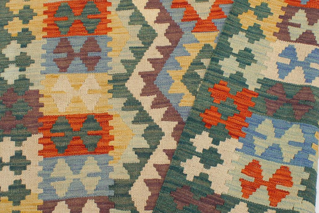 Flat Weave Kilim, Antique, Navaho, Vintage, Handmade, Geometric Kilim Blue Green Hand-Woven Rectangle 100% Wool Area Rug 3 x 4