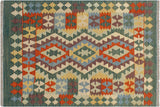 Flat Weave Kilim, Antique, Navaho, Vintage, Handmade, Geometric Kilim Blue Green Hand-Woven Rectangle 100% Wool Area Rug 3 x 4