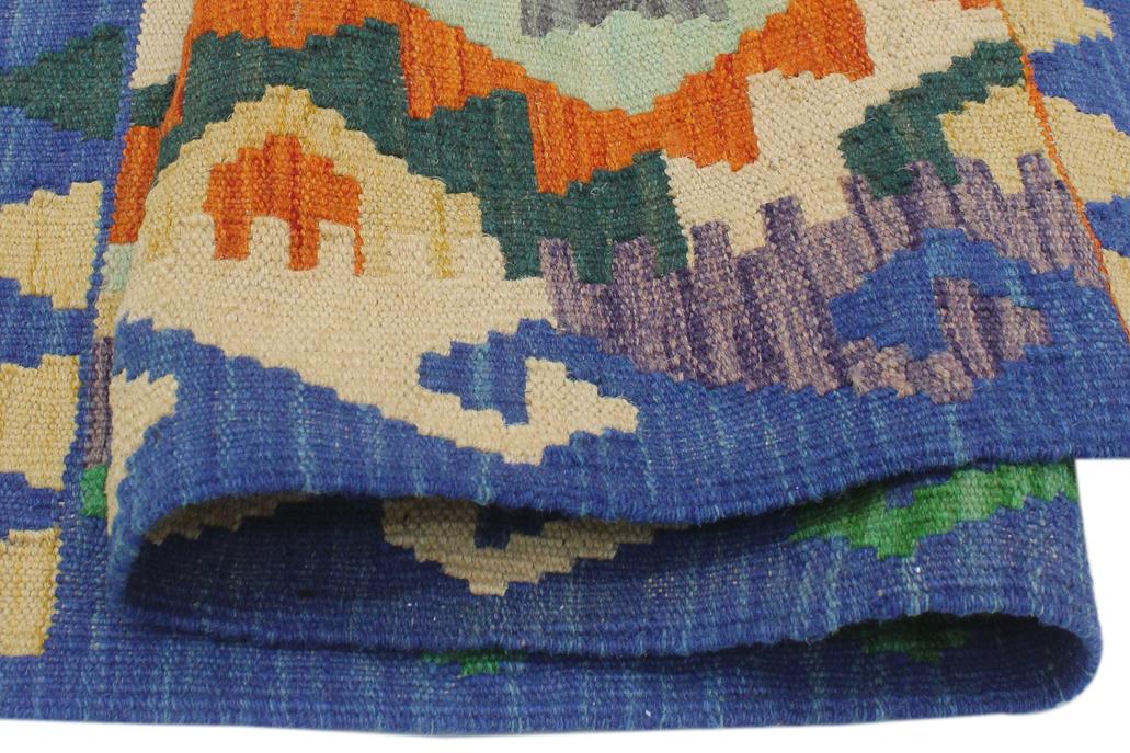 Flat Weave Kilim, Antique, Navaho, Vintage, Handmade, Geometric Kilim Rust Blue Hand-Woven Rectangle 100% Wool Area Rug 3 x 3