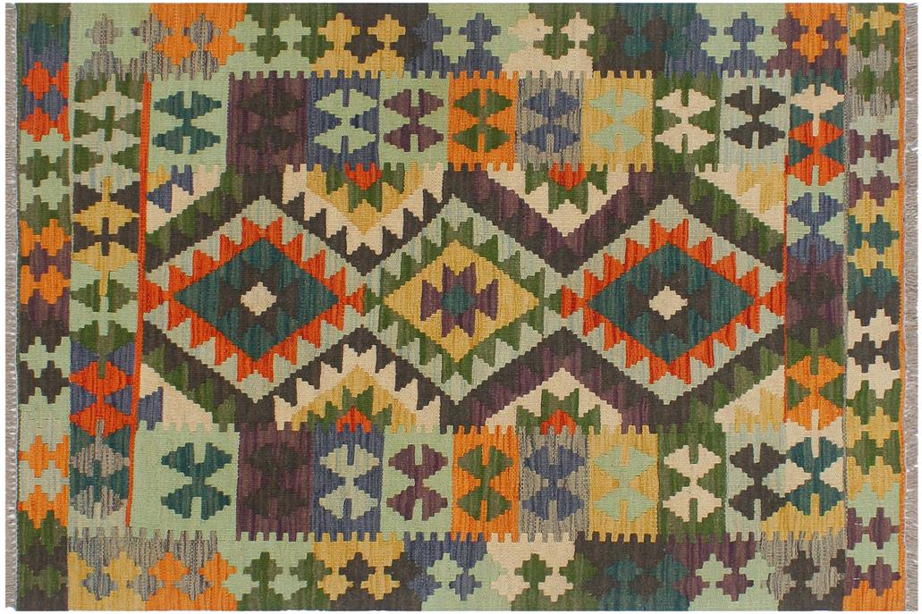Flat Weave Kilim, Antique, Navaho, Vintage, Handmade, Geometric Kilim Rust Blue Hand-Woven Rectangle 100% Wool Area Rug 3 x 4