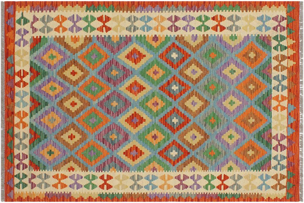 Flat Weave Kilim, Antique, Navaho, Vintage, Handmade, Geometric Kilim Blue Beige Hand-Woven Rectangle 100% Wool Area Rug 3 x 5