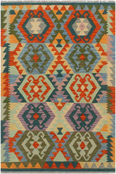 Flat Weave Kilim Antique Navaho Vintage handmade Geometric Kilim Beige Blue Hand-Woven Rectangle 100% Wool Area Rug 3x5