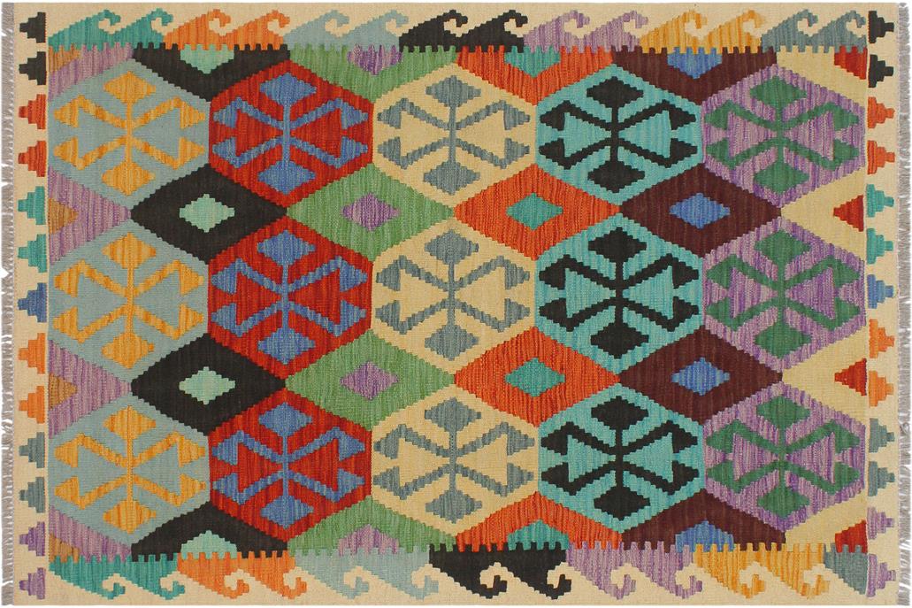 Flat Weave Kilim, Antique, Navaho, Vintage, Handmade, Geometric Kilim Blue Beige Hand-Woven Rectangle 100% Wool Area Rug 3 x 5
