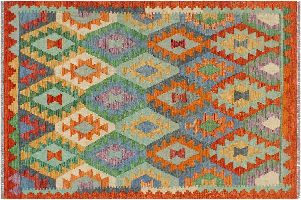Flat Weave Kilim, Antique, Navaho, Vintage, Handmade, Geometric Kilim Blue Rust Hand-Woven Rectangle 100% Wool Area Rug 3 x 5