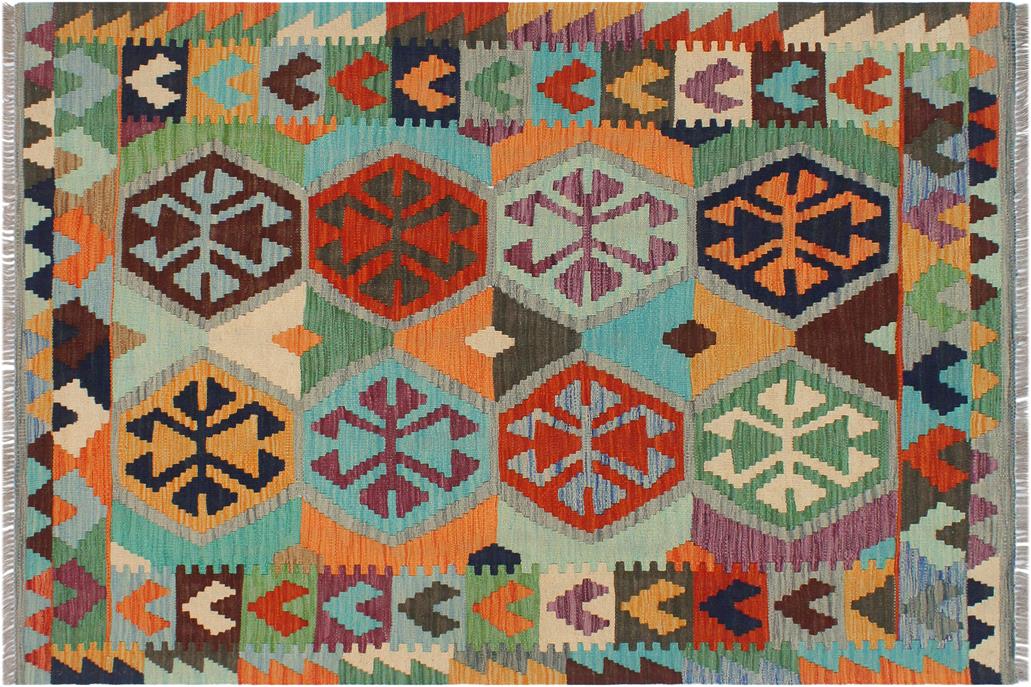 Flat Weave Kilim, Antique, Navaho, Vintage, Handmade, Geometric Kilim Gray Blue Hand-Woven Rectangle 100% Wool Area Rug 3 x 5