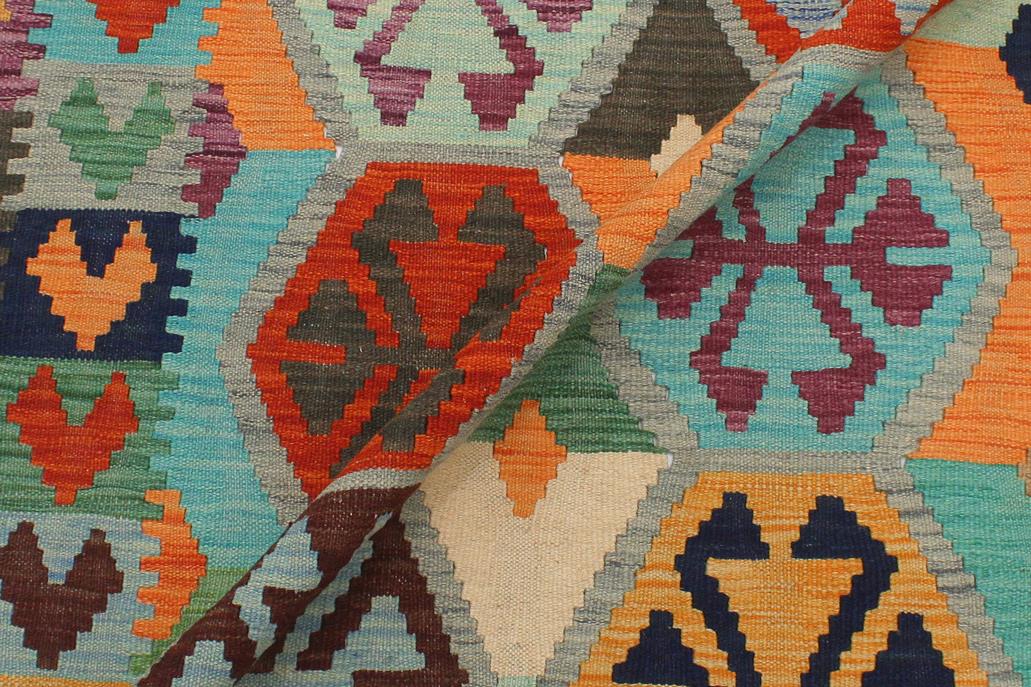Flat Weave Kilim, Antique, Navaho, Vintage, Handmade, Geometric Kilim Gray Blue Hand-Woven Rectangle 100% Wool Area Rug 3 x 5