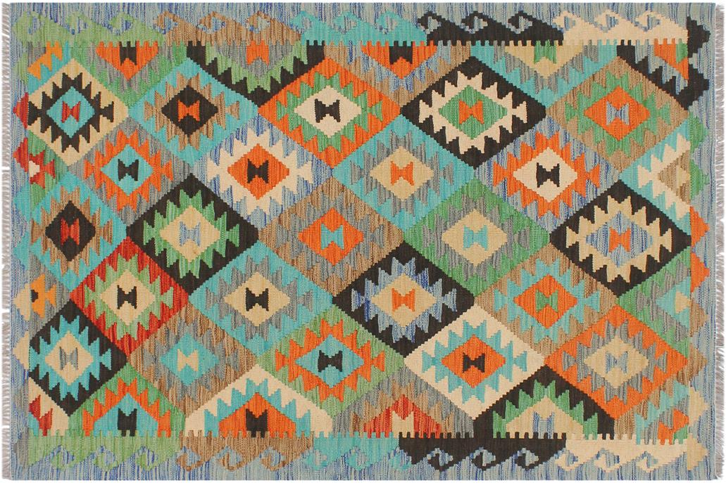 Flat Weave Kilim, Antique, Navaho, Vintage, Handmade, Geometric Kilim Gray Blue Hand-Woven Rectangle 100% Wool Area Rug 3 x 5