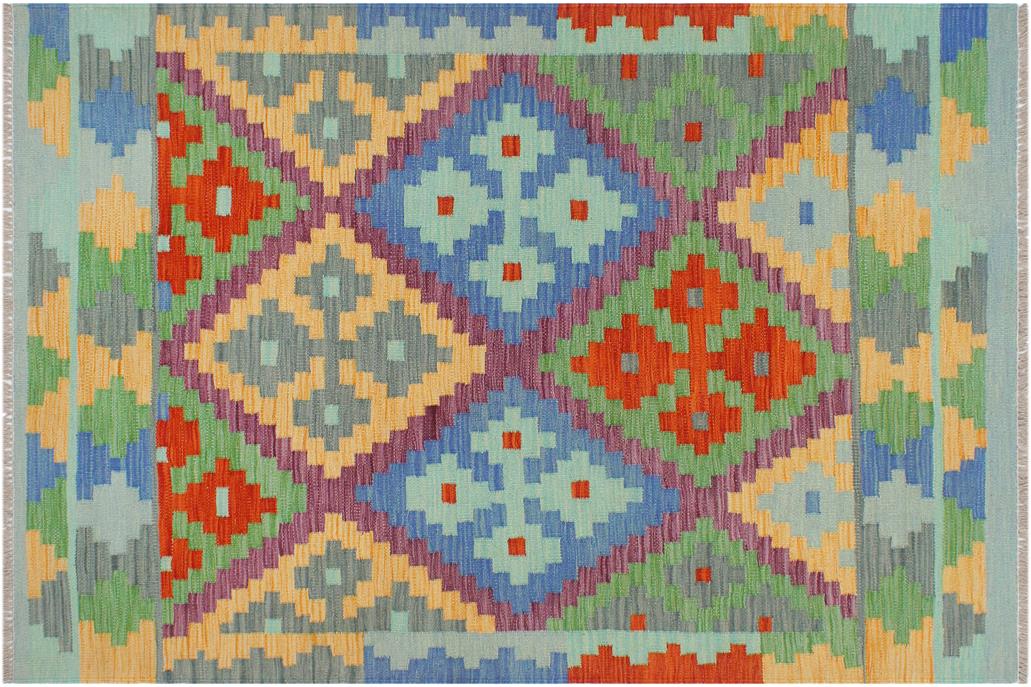 Flat Weave Kilim, Antique, Navaho, Vintage, Handmade, Geometric Kilim Blue Rust Hand-Woven Rectangle 100% Wool Area Rug 3 x 5
