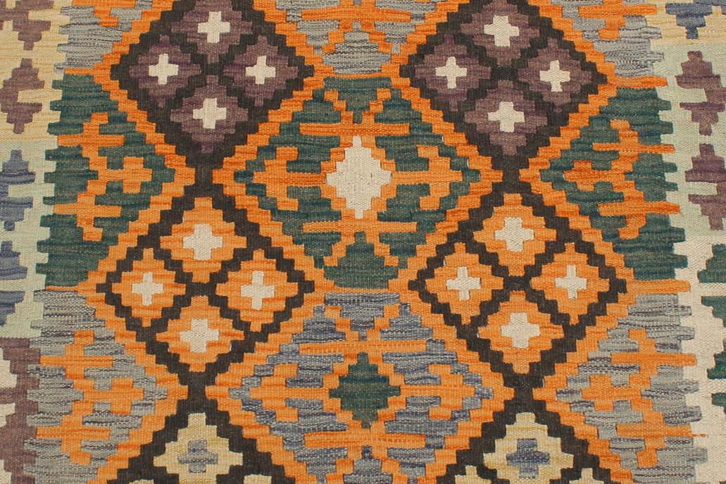 Flat Weave Kilim, Antique, Navaho, Vintage, Handmade, Geometric Kilim Orange Green Hand-Woven Rectangle 100% Wool Area Rug 3 x 5