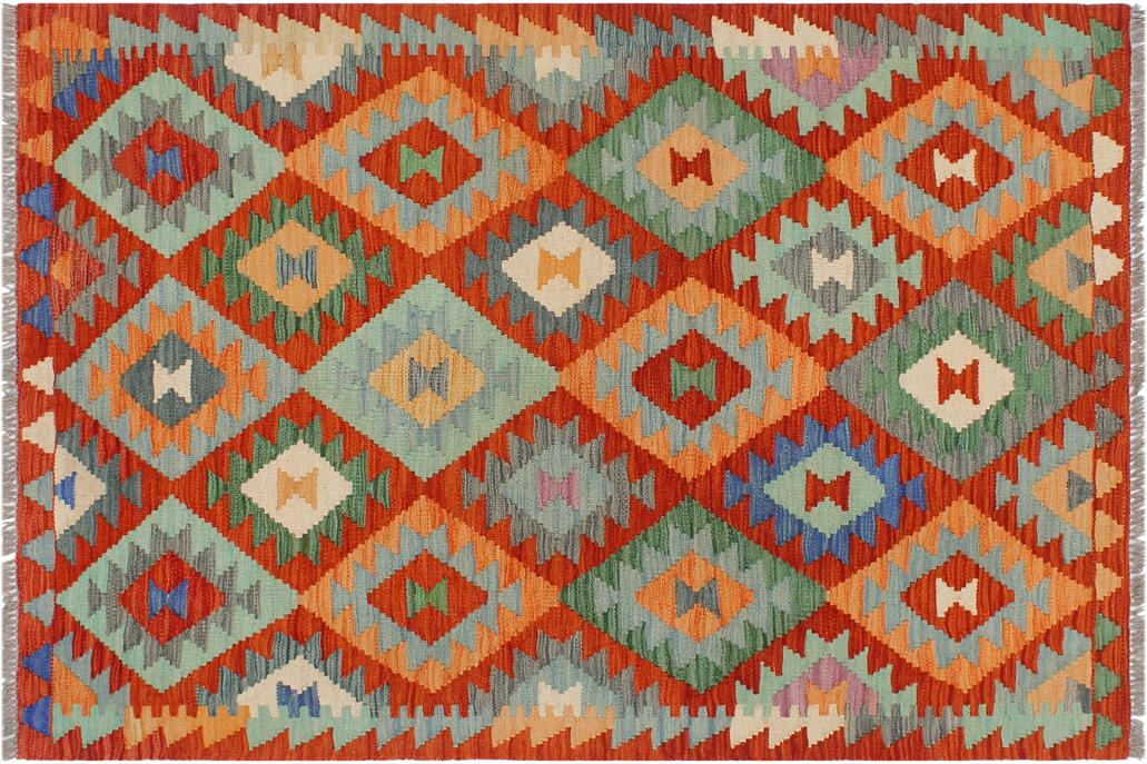 Flat Weave Kilim, Antique, Navaho, Vintage, Handmade, Geometric Kilim Rust Blue Hand-Woven Rectangle 100% Wool Area Rug 3 x 5