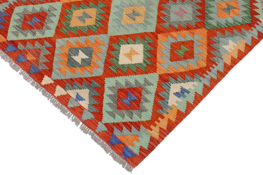 Flat Weave Kilim, Antique, Navaho, Vintage, Handmade, Geometric Kilim Rust Blue Hand-Woven Rectangle 100% Wool Area Rug 3 x 5