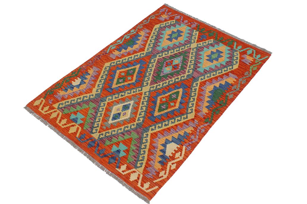 Flat Weave Kilim, Antique, Navaho, Vintage, Handmade, Geometric Kilim Rust Blue Hand-Woven Rectangle 100% Wool Area Rug 3 x 5