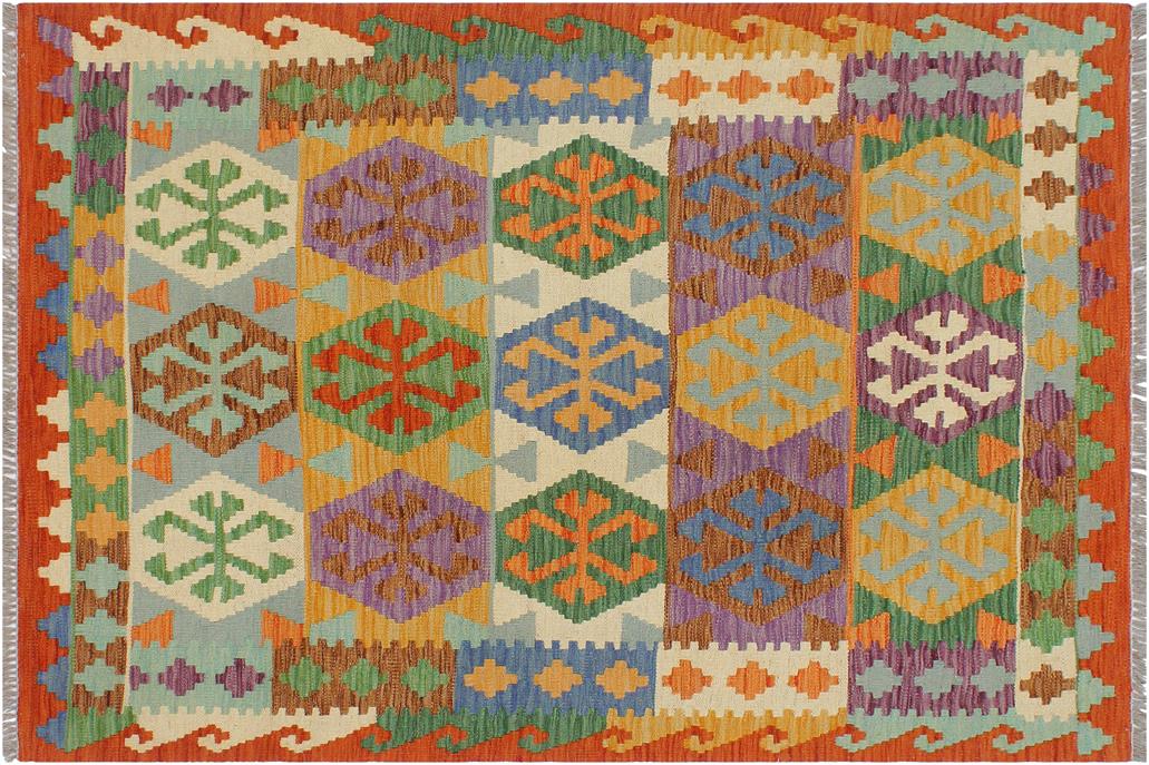 Flat Weave Kilim, Antique, Navaho, Vintage, Handmade, Geometric Kilim Blue Rust Hand-Woven Rectangle 100% Wool Area Rug 3 x 5