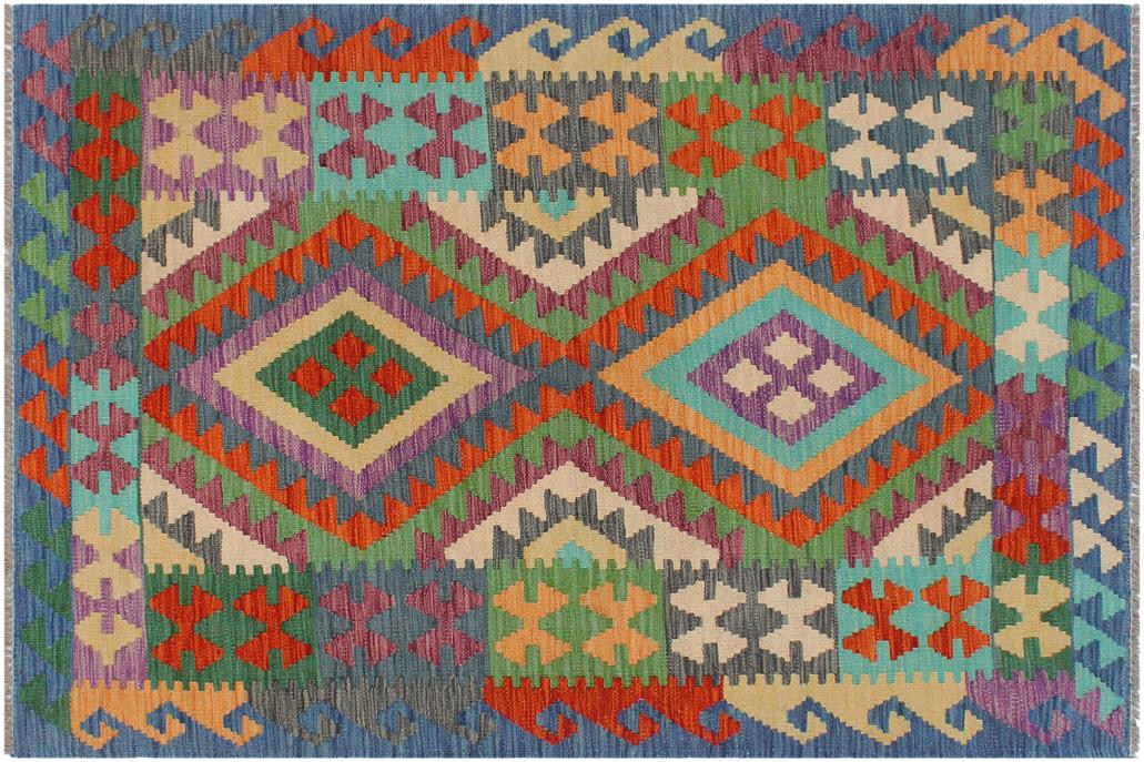 Flat Weave Kilim, Antique, Navaho, Vintage, Handmade, Geometric Kilim Rust Blue Hand-Woven Rectangle 100% Wool Area Rug 3 x 5