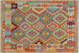 Rustic Turkish Kilim Fields Hand-Woven Wool Rug - 3'4'' x 4'10''