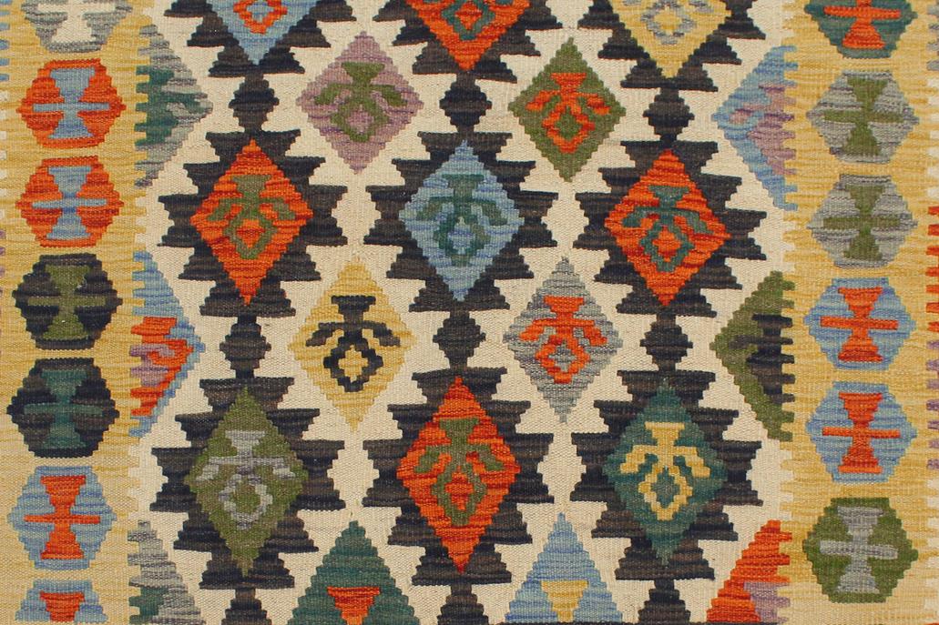 Flat Weave Kilim, Antique, Navaho, Vintage, Handmade, Geometric Kilim Blue Gold Hand-Woven Rectangle 100% Wool Area Rug 3 x 5