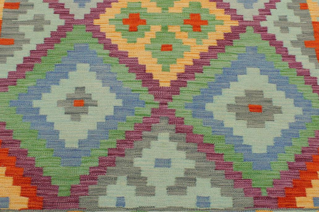 Flat Weave Kilim, Antique, Navaho, Vintage, Handmade, Geometric Kilim Blue Rust Hand-Woven Rectangle 100% Wool Area Rug 3 x 5