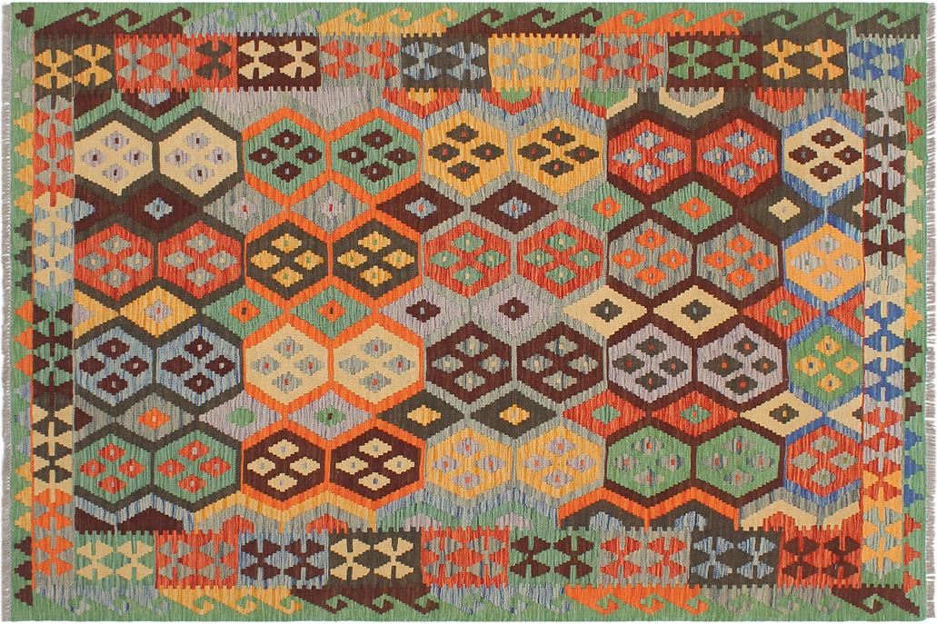 Flat Weave Kilim, Antique, Navaho, Vintage, Handmade, Geometric Kilim Gray Green Hand-Woven Rectangle 100% Wool Area Rug 5 x 7