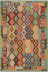 Flat Weave Kilim Antique Navaho Vintage handmade Geometric Kilim Gray Green Hand-Woven Rectangle 100% Wool Area Rug 5x7