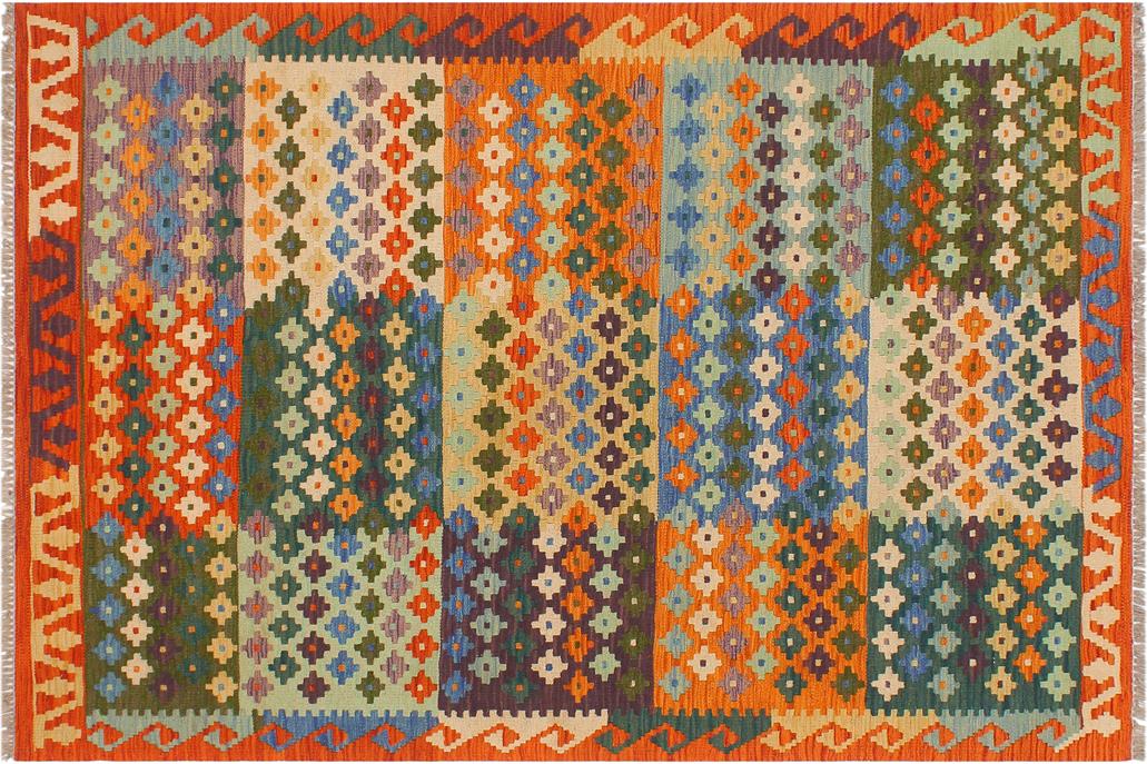 Flat Weave Kilim, Antique, Navaho, Vintage, Handmade, Modern Kilim Beige Rust Hand-Woven Rectangle 100% Wool Area Rug 4 x 6