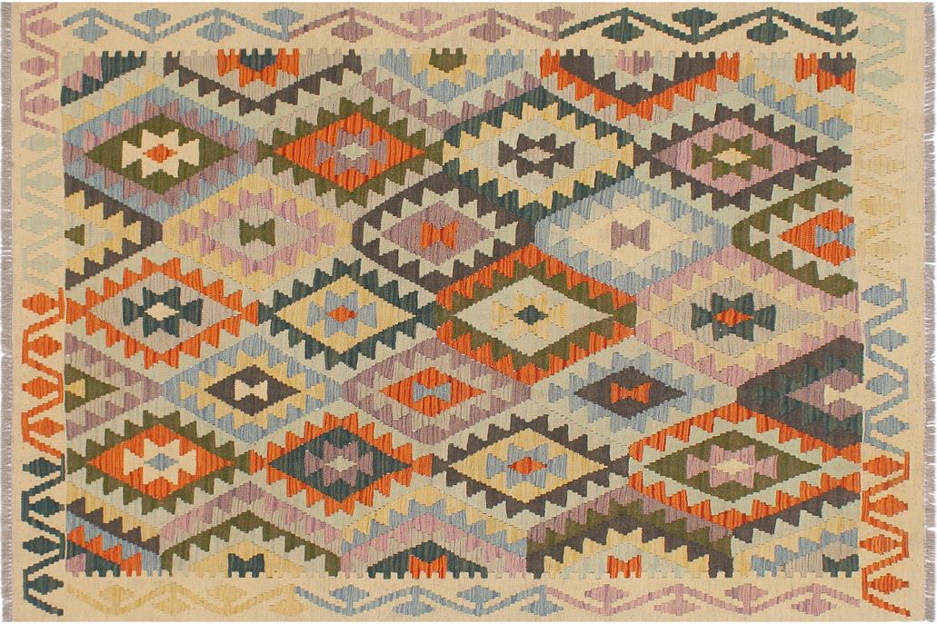 Flat Weave Kilim, Antique, Navaho, Vintage, Handmade, Geometric Kilim Blue Beige Hand-Woven Rectangle 100% Wool Area Rug 5 x 6