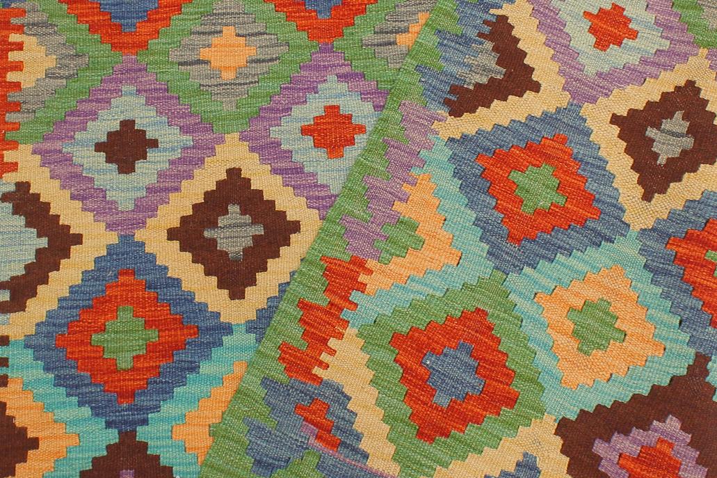 Flat Weave Kilim, Antique, Navaho, Vintage, Handmade, Modern Kilim Blue Green Hand-Woven Rectangle 100% Wool Area Rug 4 x 6