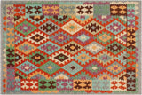 Flat Weave Kilim, Antique, Navaho, Vintage, Handmade, Geometric Kilim Rust Gray Hand-Woven Rectangle 100% Wool Area Rug 4 x 6